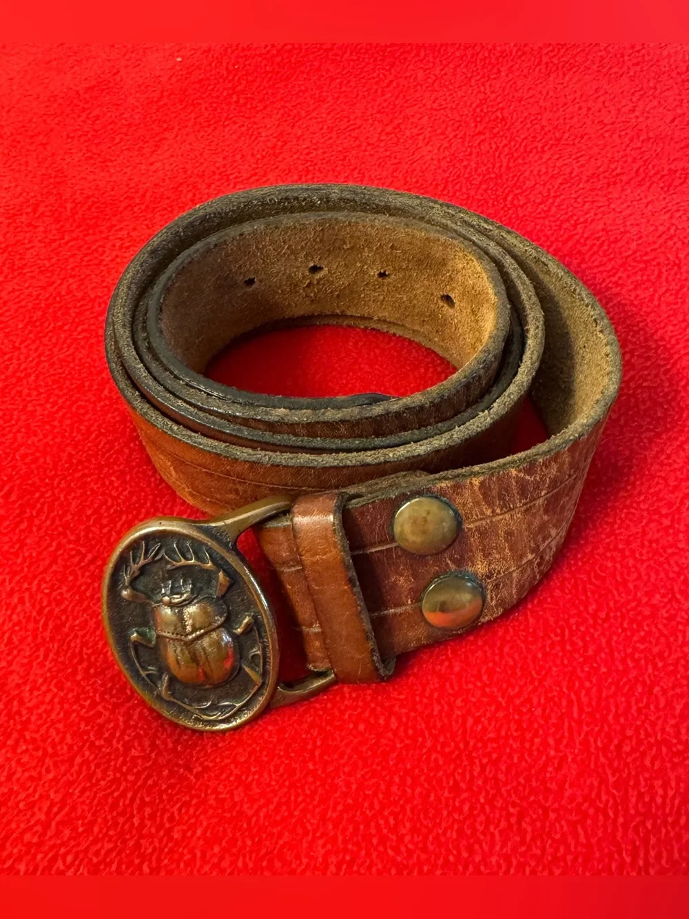 Vintage 75 Tech Ether Guild solid brass Scarab beetle Brown Leather belt